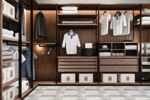Dark wardrobe system with drawers, shelves, and hanging storage