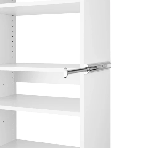 Adjustable white wardrobe shelves and a hanging rail