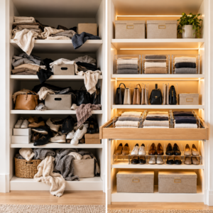 Before and after deep closet shelf organization with pull-out tray, clear labeled bins and LED lighting in a Dallas home