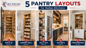 White shaker tall pantry cabinets matching kitchen cabinetry in a Dallas home