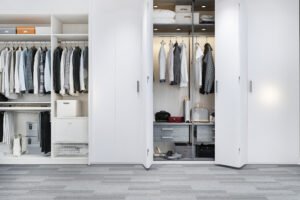 3d rendering minimals candinavian wood walk closet with wardrobe