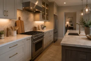 Kitchen with white cabinets, a range, and a central island