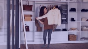 full-shot-woman-holding-sweater-Smart-Mudroom-Closet-Ideas-for-your-Small-Spaces- custom closet design San Antonio