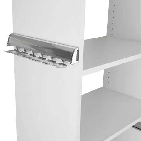 Pull-out accessory rack attached to a white cabinet panel