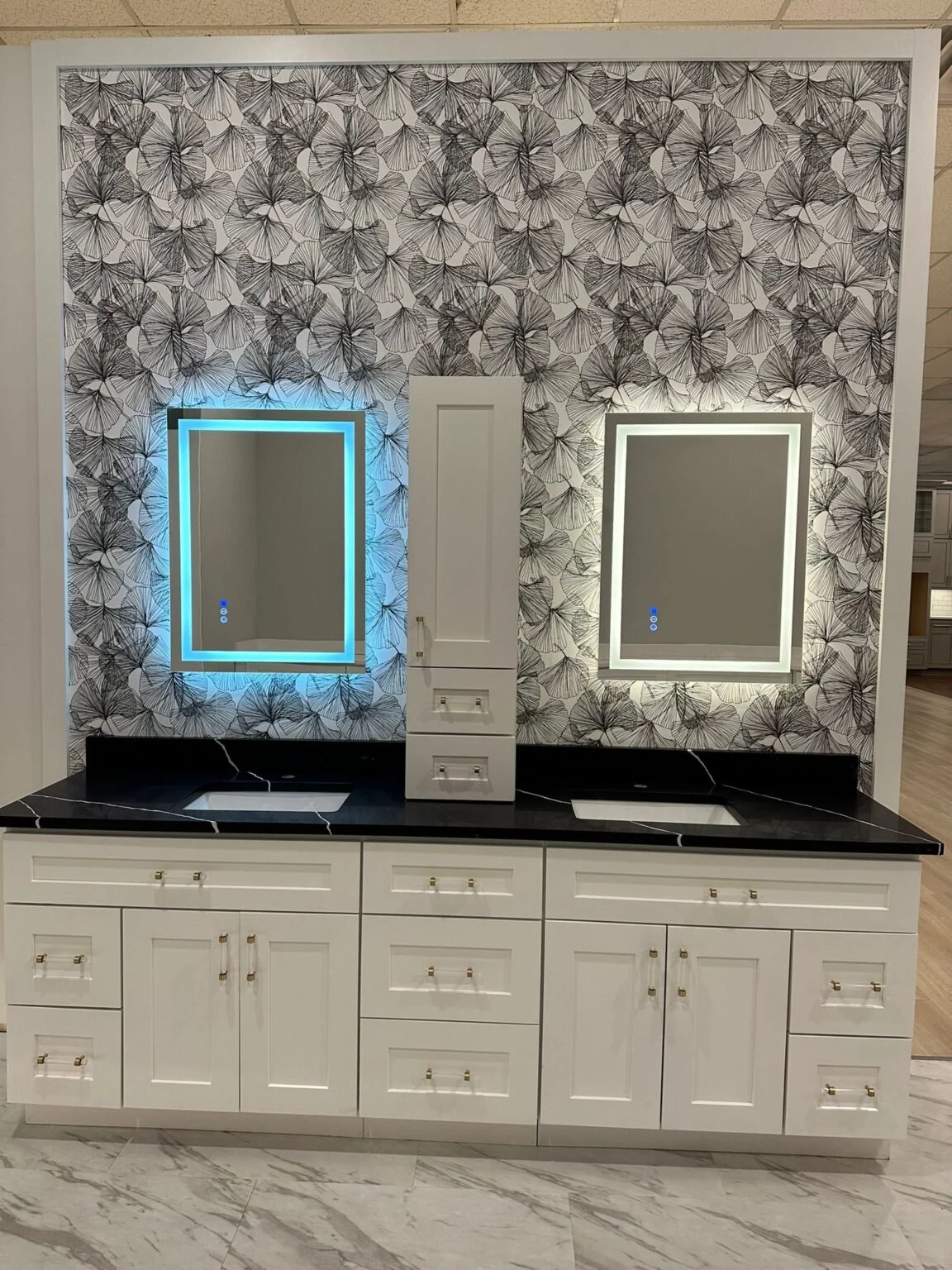 Double bathroom vanity with light cabinets and two mirrors