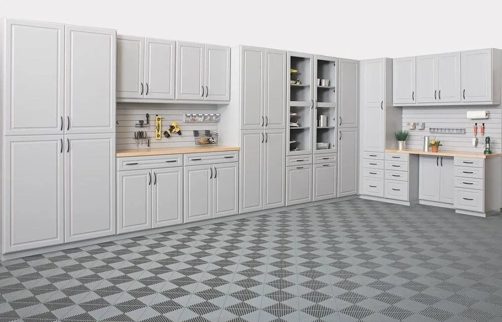 Garage with white wall cabinets and enclosed storage