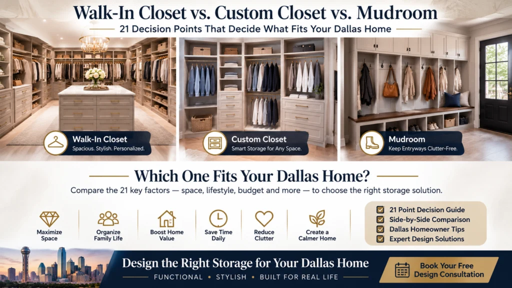 Side-by-side comparison of a luxury walk-in closet, custom closet, and mudroom in a Dallas home
