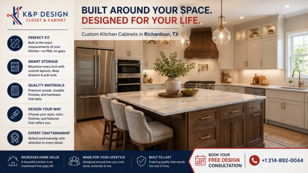 Modern custom kitchen cabinets in Richardson TX featuring premium shaker cabinetry, large kitchen island, smart storage solutions, and luxury craftsmanship by K&P Closet & Cabinet Design.