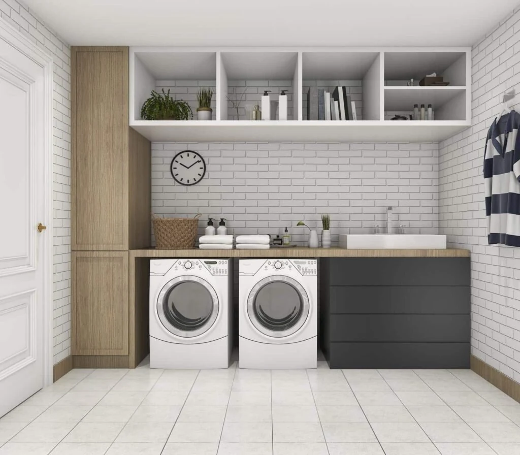 Custom wood laundry room cabinets and storage by KP Closet & Cabinet Design