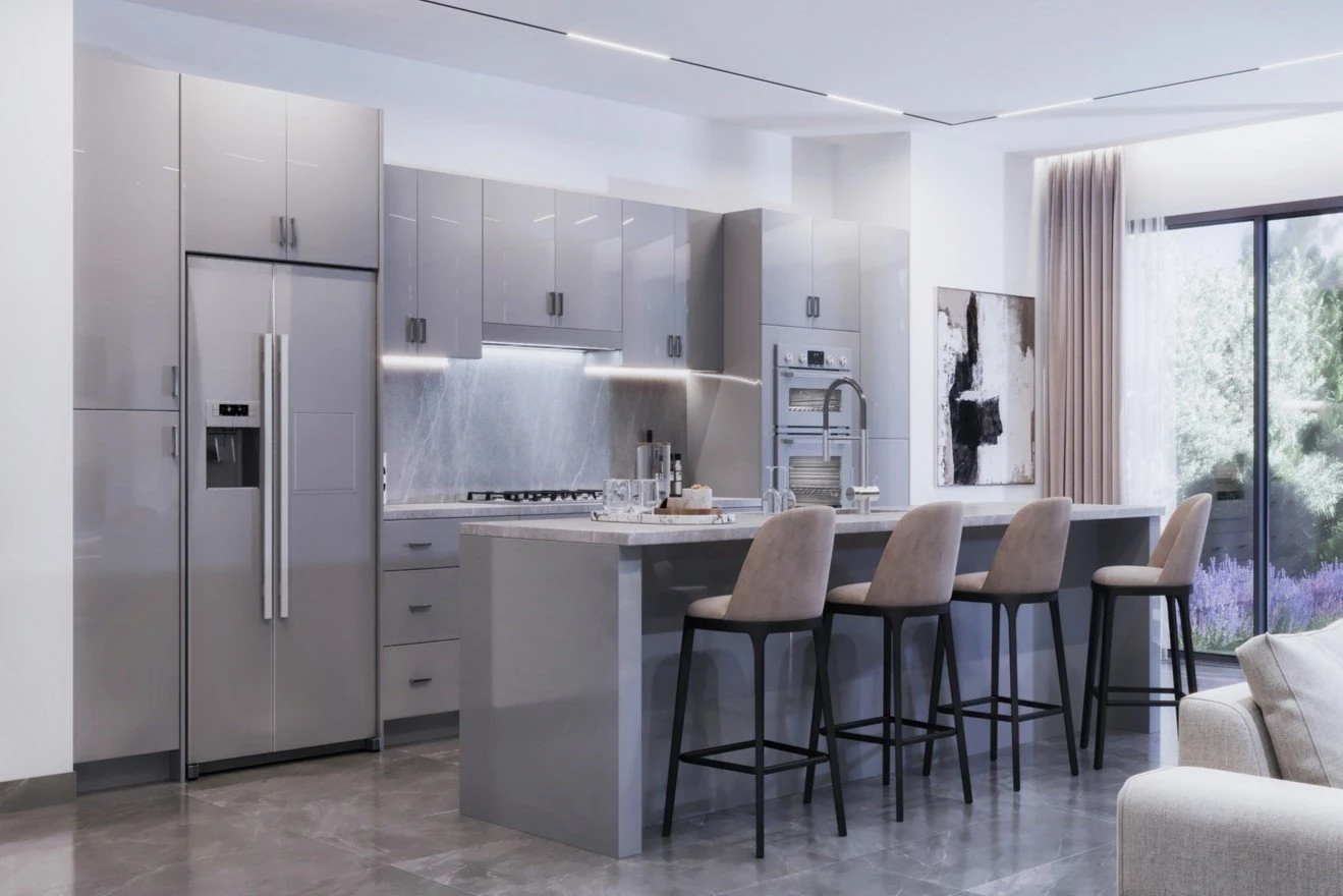 Light gray kitchen cabinets with breakfast-bar seating