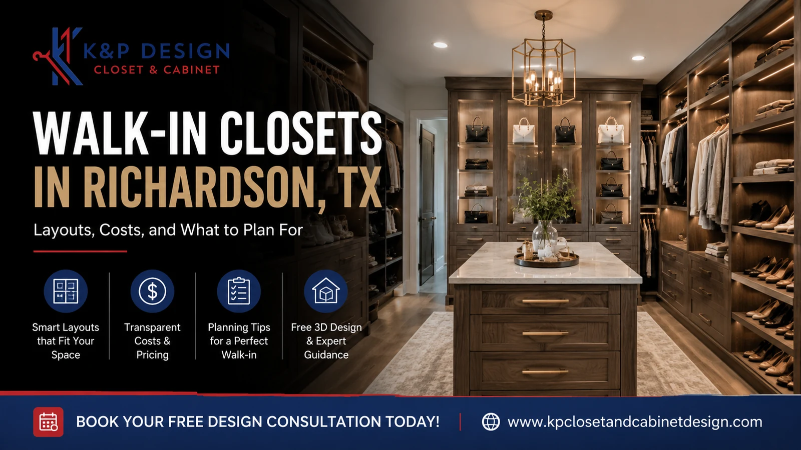 Walk-in closet remodel in Richardson, TX showing L-shaped layout with double-hang rods, drawer inserts, shoe shelving, and integrated LED lighting by K&P Closet & Cabinet Design.
