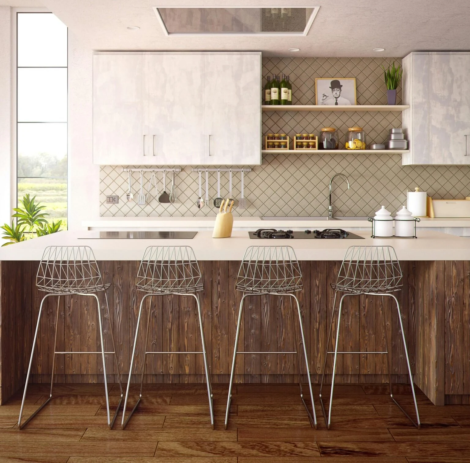 Kitchen with flat-front cabinets, open shelves, and counter seating